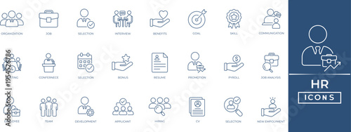 HR line icon set. Contains recruitment, management, teamwork, performance, employee workflow, and organizational development elements and more. Outline vector icons collection