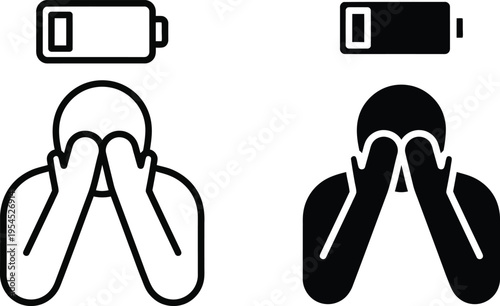 A person covering their face with their hands and a battery icon above them