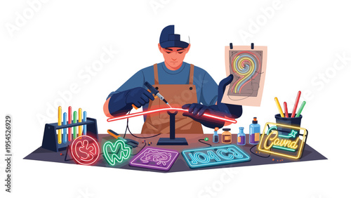 Crafting Neon Dreams: A skilled artisan meticulously works on neon signage.