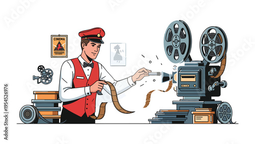 Cinematic Maestro: A cinematic craftsman meticulously handles film strips in front of a vintage projector. The scene captures the artistry of filmmaking.