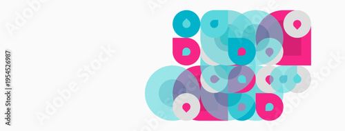 Abstract shapes overlap, creating vibrant composition. Pink, teal hues dominate simple design. Modern aesthetic.