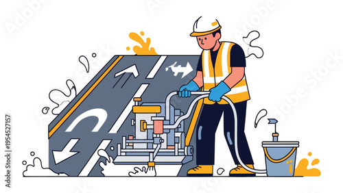 Road Marking Operative at Work: A diligent road worker meticulously applies fresh markings to a section of asphalt, ensuring clarity and safety for motorists.