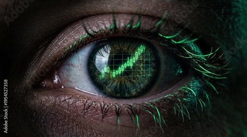 A close-up of a mesmerizing eye reflects a luminous digital realm, showcasing glowing data graphs and binary codes. The intricate details hint at the fusion of biology and technology.