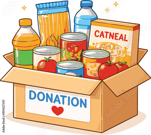Food Donation Box with Groceries and Supplies Illustration