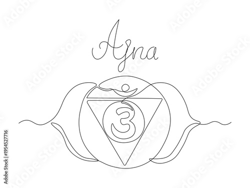 Yandra chakra Ajna, continuous single one line art hand drawing sketch logo on white background