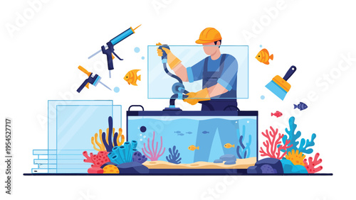 Aquarium Maintenance: A person meticulously cleans an aquarium, surrounded by tools of the trade and the vibrant underwater life, showcasing the art and science of aquatic care.