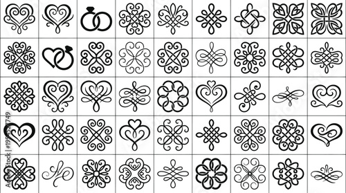 Collection of Black Heart and Knot Design Elements and Wedding Rings text