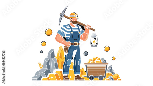 Gold Miner in Action: A determined gold miner, equipped with essential tools and gear, stands proudly amidst a collection of golden nuggets and a loaded cart, ready to explore