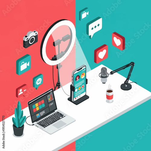 Isometric view of a content creator's desk with equipment for recording videos and podcasts, including a laptop, microphone, and ring light.