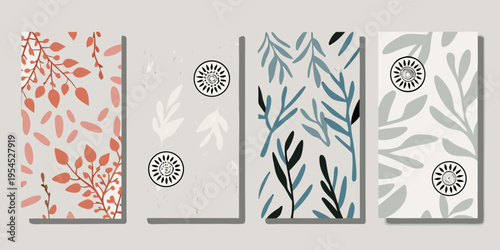 Four vertical panels displaying botanical illustrations in muted tones