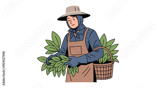 Harvesting Bounty: A dedicated harvester, adorned in a straw hat and practical attire, diligently gathers fresh foliage, showcasing a scene of rural toil and agricultural productivity.