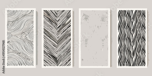 Four abstract panels displaying varied linear patterns in grayscale tones