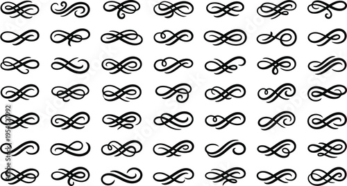 Collection of Black Infinity Symbols and Swirl Ornaments on White Background Keywords: infinity symbol, infinity sign, endless loop, mathematical symbol, abstract, swirl, flourish, ornament
