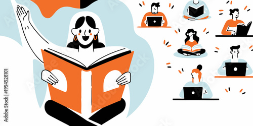 Students engaged in online learning and reading with colorful modern illustration