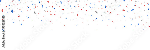 Confetti flying red silver and blue. Independence day United States. 4th of July greeting card. USA celebration background. Stars and tinsel falling bg. Happy Holiday frame. Vector illustration