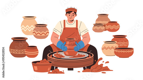 Crafting Clay Masterpiece: The artisan, absorbed in the pottery process, meticulously shapes a vessel from wet clay, surrounded by completed earthenware.