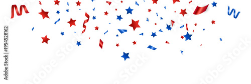 Confetti flying red silver and blue. Independence day United States. 4th of July greeting card. USA celebration background. Stars and tinsel falling bg. Happy Holiday frame. Vector illustration