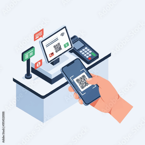 Isometric illustration of a person using a smartphone to scan a QR code at a point of sale terminal.