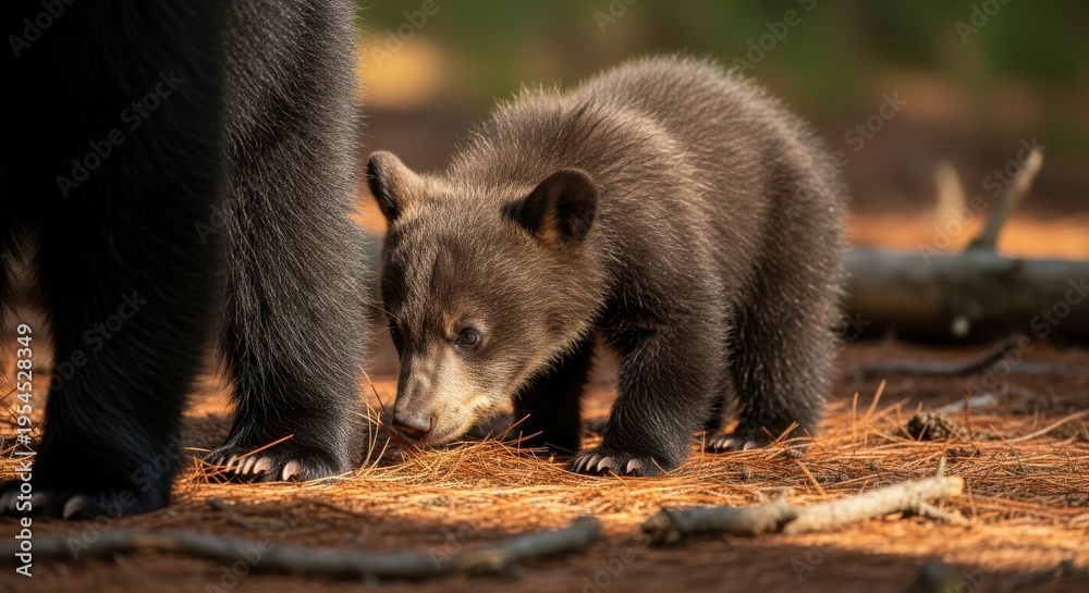 Fototapeta premium Adorable Black Bear Cub Sniffing the Ground in a Forest Beside Its Mother
