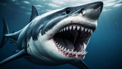 A large shark swims through the water, displaying its sharp teeth. The shark is notable for its powerful presence in a deep blue ocean environment.
