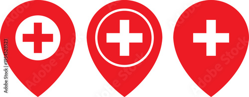 Variations of medical location markers with red cross symbols on white backgrounds