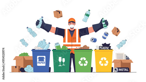 Responsible Waste Management: A dedicated individual, clad in safety gear, enthusiastically orchestrates a vibrant recycling program, sorting diverse waste materials into designated bins.