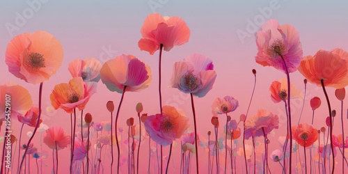 Field of pink and orange poppies at sunset pastel sky background