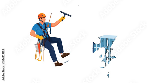 Window Washer: A window washer suspended by a harness meticulously cleans a window, demonstrating the importance of maintaining buildings.