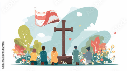 Vector illustration of people gathered around a cross with England flag
