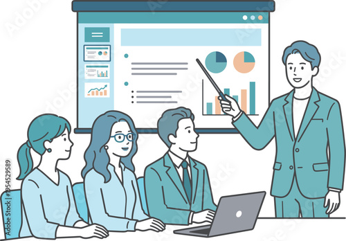 ビジネスチームにプレゼンテーションを行う男性とデータ分析イラスト