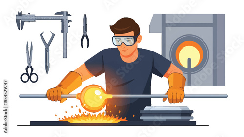 Crafting Fire: A glassblower masterfully shapes molten glass, illuminated by the radiant glow of the furnace.