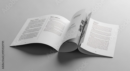 A grayscale image of an open book lying flat on a surface, its pages curved and displaying text and an image