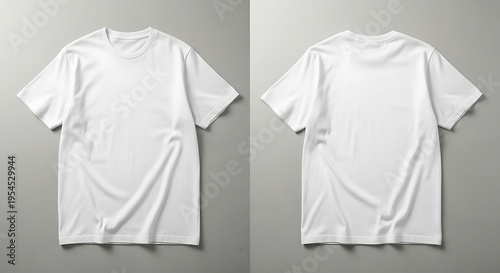 A pair of white short-sleeved t-shirts displayed on a gray gradient background, one shown from the front and the other from the back, both with visible creases