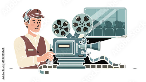 Lights, Camera, Action: A vintage film-making scene comes to life, a man in a cap operates an old camera filming in the studio