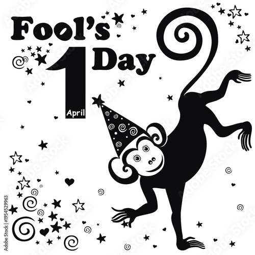 1 april. Fools Day. Holiday Greeting Card. Celebration  background with number one, monkey and place for your text. Vector illustration