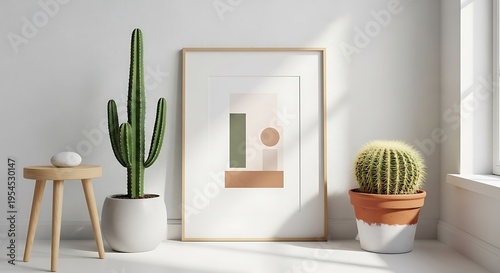 A serene room with a framed abstract art piece, a cactus on a stool, and two potted plants on the floor