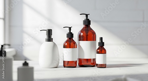 A set of amber and white bottles with black pumps on a white surface