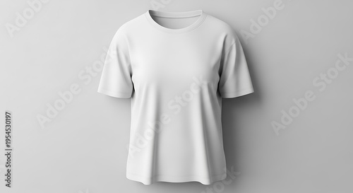 A short-sleeved, crew-neck white t-shirt hangs against a light gray background, casting a subtle shadow to the right