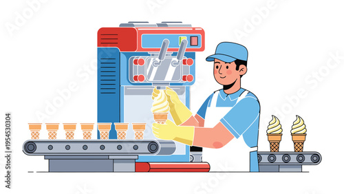 Ice Cream Production Process: A friendly worker expertly crafts a delightful ice cream cone using advanced machinery in a streamlined production environment.