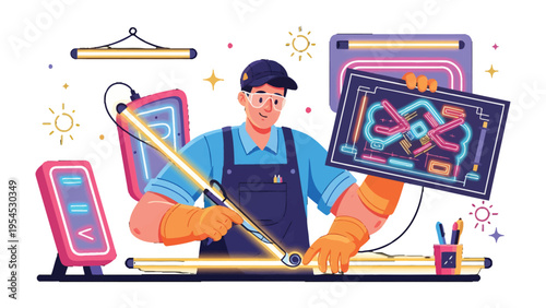 Neon Sign Craftsman: A skilled craftsman meticulously works on a vibrant neon sign, surrounded by tools and other illuminated displays. Capturing a blend of craftsmanship and vivid luminosity.