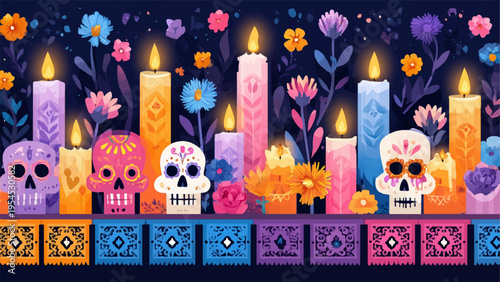 Day of the Dead altar vector illustration with candles, skulls and flowers
