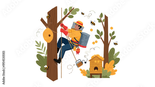 Bee Keeper at Work: An illustration showcases a skilled bee keeper, clad in protective gear, tending to a beehive nestled amongst trees, highlighting dedication to natural processes.