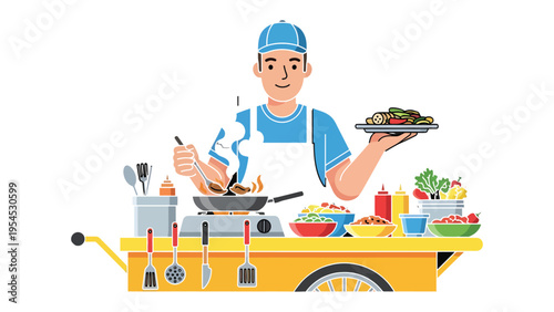 Culinary Craft: A street food vendor expertly prepares a delicious dish, showcasing culinary expertise.