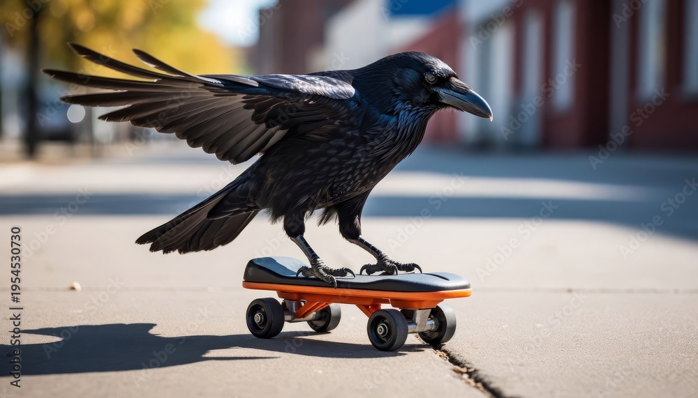 Naklejka premium A black raven is balancing on a small skateboard on the sidewalk. The raven's wings are spread wide as it adjusts on the skateboard in an urban area.