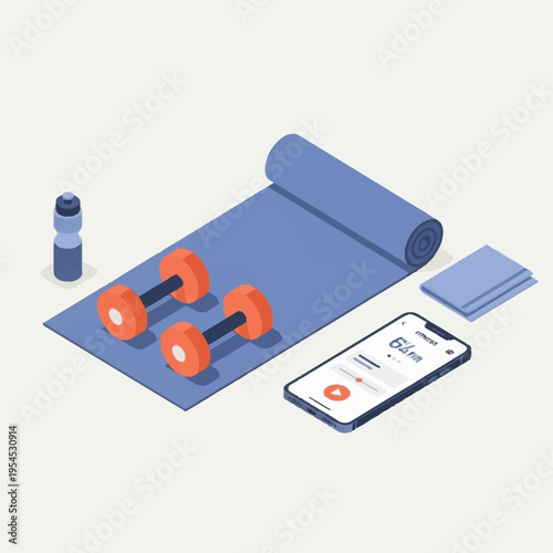 Isometric illustration of a fitness setup with dumbbells, mat, phone, towel, and water bottle.