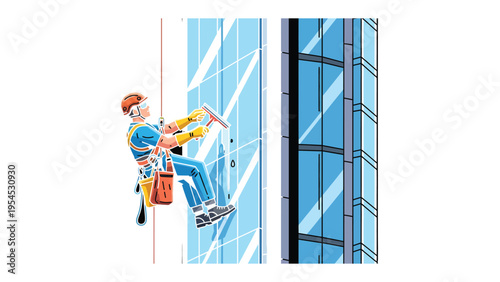 Window Washer Scaling Building: A window washer is suspended from a high-rise, meticulously cleaning the glass exterior of a modern building, showcasing skill and dedication.