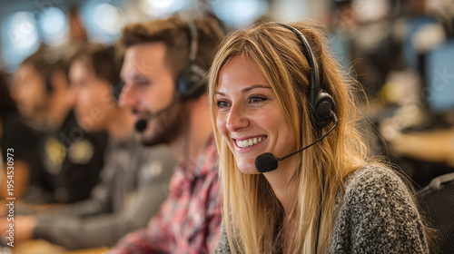 customer service representatives in warm office setting showing teamwork communication and client support in professional call center environment with friendly assistance concept