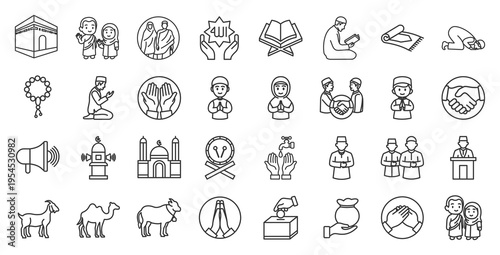 Eid al adha outline icon set. Contain qurban, hajj, takbir, talbiyah, mosque, prayer, sunnah, charity, donation, zakat, feast,  blessings, faith, worship, pilgrimage, kaaba, sharing, goat, beef, camel