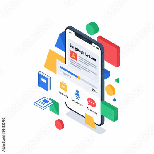 Isometric illustration of a smartphone app for language learning with lessons, vocabulary, and grammar features.
