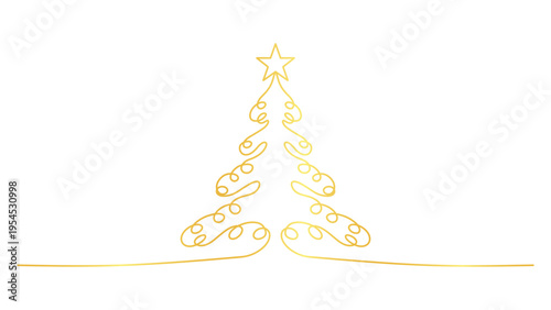 Golden Christmas Tree Line Art with Star - Elegant Holiday Celebration